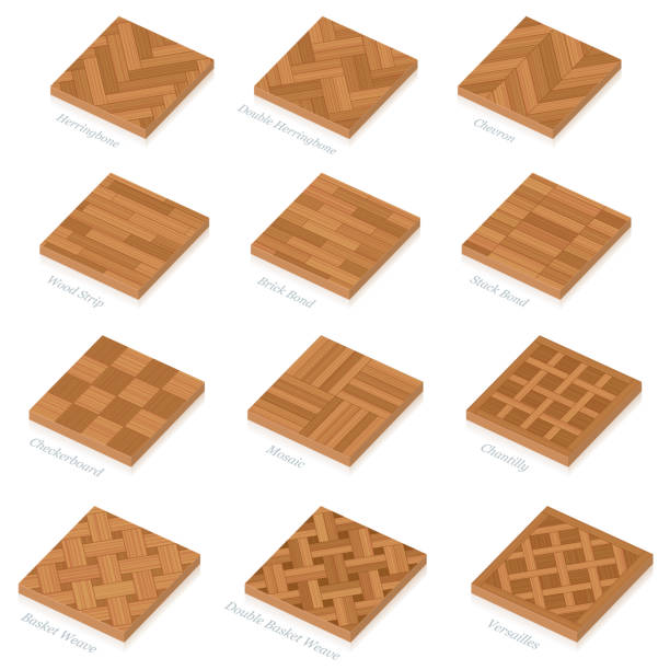 Parquetry. Three-dimensional wooden floor plates. Most popular wood flooring parquets with names - isolated 3D vector illustration on white background. Parquetry. Three-dimensional wooden floor plates. Most popular wood flooring parquets with names - isolated 3D vector illustration on white background. hardwood stock illustrations