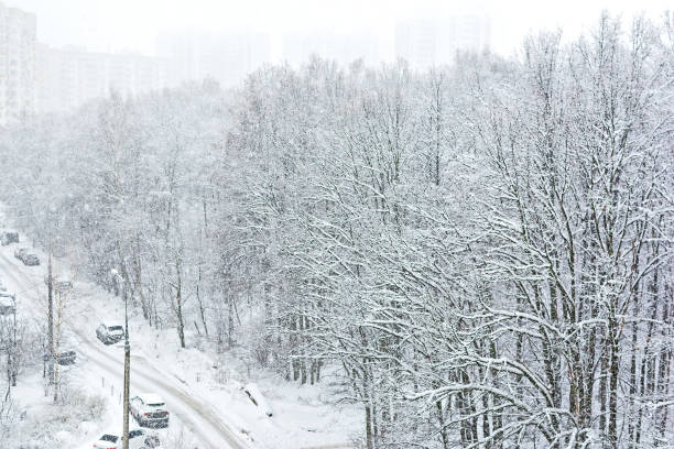 istock Snow-covered street. View from above 918565254