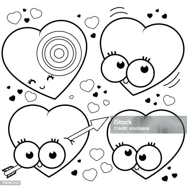 Cartoon Hearts Black And White Coloring Book Page Stock Illustration - Download Image Now - Anthropomorphic Face, Arrow - Bow and Arrow, Bizarre