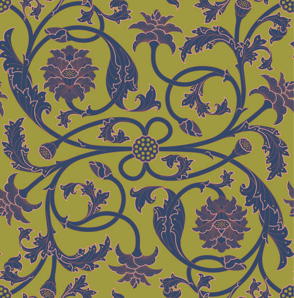 로터스 꽃 덩굴 패턴 (4 색 버전) - paisley pattern seamless green stock illustrations