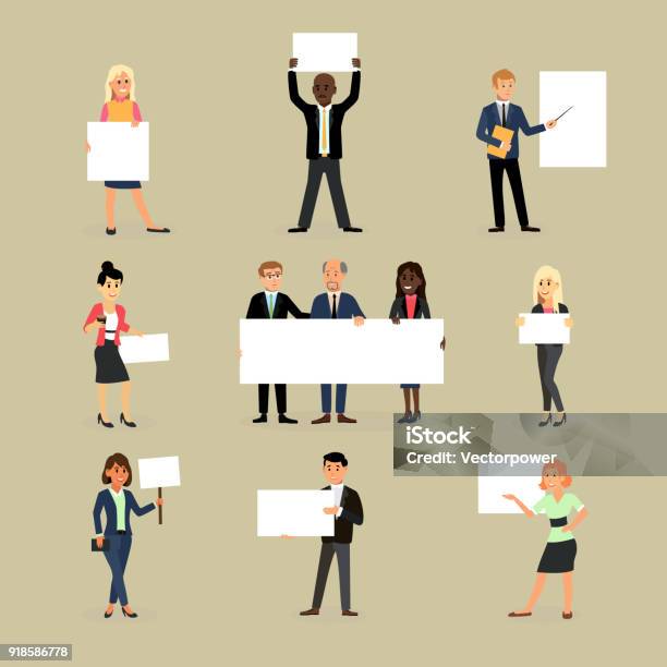 Homme Daffaires Détenant Le Caractère De Bannière Vecteur Entreprise Femme Détient La Bannière Blanche Ou Un Vide Affiche Illustration Jeu De Commandes De Léquipe Avec Placard Isolé Sur Fond Vecteurs libres de droits et plus d'images vectorielles de Signalisation