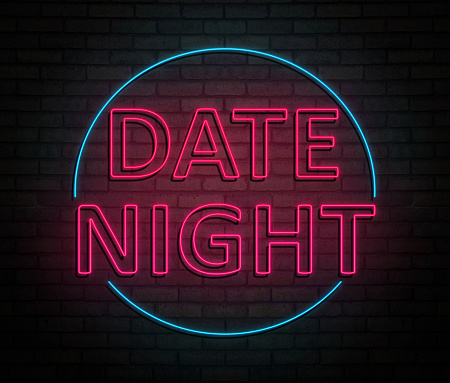 3d Illustration depicting an illuminated neon sign with a date night concept.