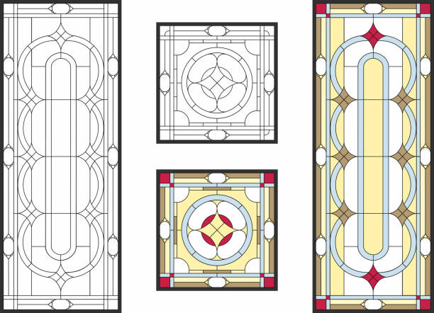 Stained-glass panel in a rectangular frame. Art Nouveau style Stained-glass panel in a rectangular frame, abstract floral arrangement of buds and leaves in the art Nouveau style. Decorative design of the window or door. Vector illustration decorated window stock illustrations