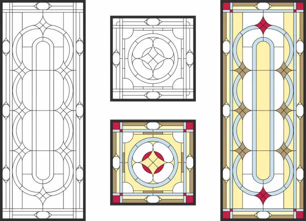 Vector illustration of Stained-glass panel in a rectangular frame. Art Nouveau style