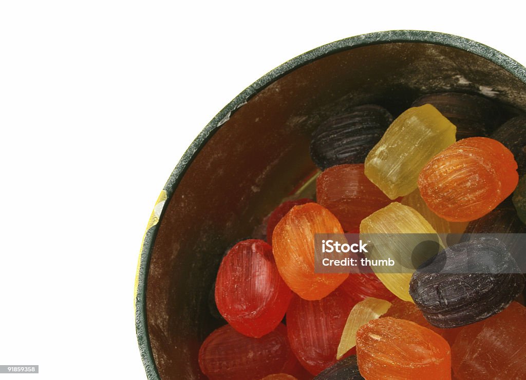 Bunte Obst-Tropfen in ein Metall-box-isoliert - Lizenzfrei Ansicht aus erhöhter Perspektive Stock-Foto