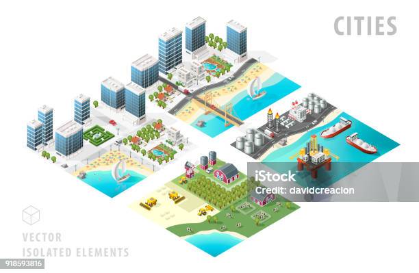 Set Of Isolated Isometric Realistic City Maps Elements With Shadows On White Background Stock Illustration - Download Image Now