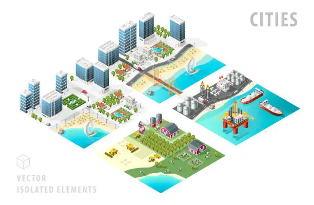 Vector illustration of Set of Isolated Isometric Realistic City Maps. Elements with Shadows on White Background