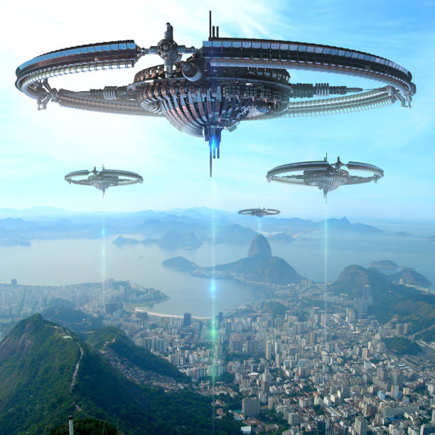 illustrazione 3d della fonte di energia futuristica a rio de janeiro - alien invasion foto e immagini stock