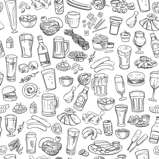 ilustraciones, imágenes clip art, dibujos animados e iconos de stock de bocetos cerveza y refrigerios, sin costuras fondo - european cuisine