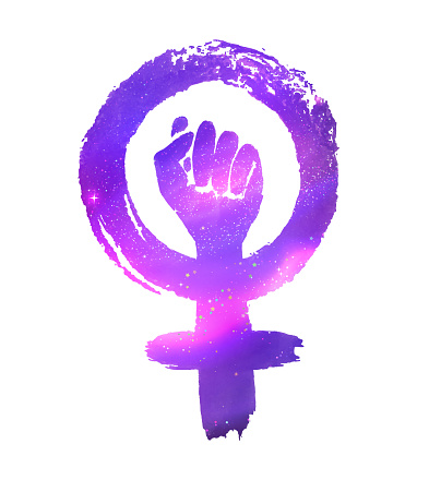 Feminism protest symbol with ultraviolet outer space inside.