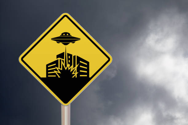 Forbidden sign with a UFO destroying a city drawn in the middle.