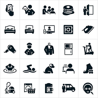 A set of hotel amenities icons. The icons include room service, dining, breakfast, hotel staff, reservations, doorman, queen bed, single bed, television, safe, iron, hairdryer, dry-cleaning, laundry, washer, fridge, microwave, fitness facility, hot tub, sauna, swimming, pet, internet, spa, housekeeping, coffee maker and hotel shuttle to name a few.