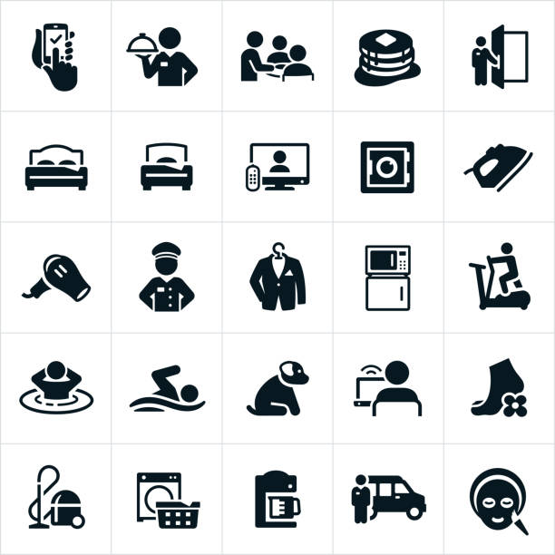 Hotel Amenities Icons A set of hotel amenities icons. The icons include room service, dining, breakfast, hotel staff, reservations, doorman, queen bed, single bed, television, safe, iron, hairdryer, dry-cleaning, laundry, washer, fridge, microwave, fitness facility, hot tub, sauna, swimming, pet, internet, spa, housekeeping, coffee maker and hotel shuttle to name a few. chef symbols stock illustrations
