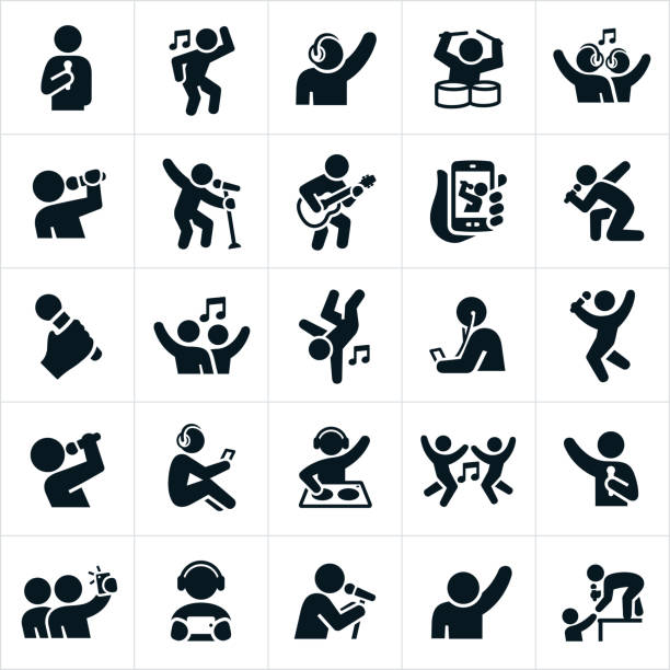 Music and Dance Icons A collection of music, dance and singing icons. The icons include dancers, singers, drummer, guitarist, musicians, band, concert, microphones, listening to headphones, DJ and other music related themes. musician stock illustrations