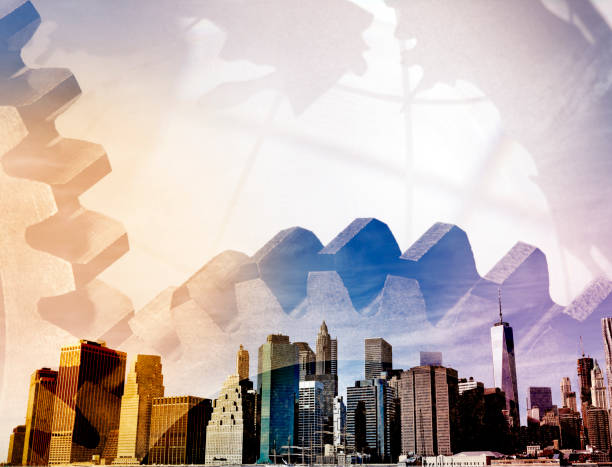 istock Multiple Exposure Of Interlocking Gears An Arrow And Urban Scene 918645818