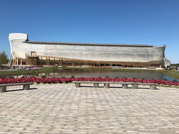 Williamstown, KY, USA - November 3, 2017:  Exterior of Noah's ark replica at the Ark Encounter Theme Park in Williamstown, Kentucky, USA with blue sky copy space.
