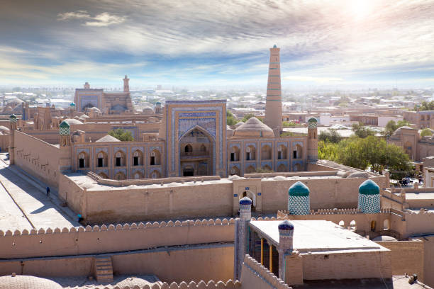 Aerial view on streets of the old city. Uzbekistan. Khiva. stock photo