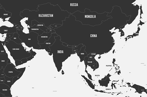 Political map of western, southern and eastern Asia in grey. Modern style simple flat vector illustration