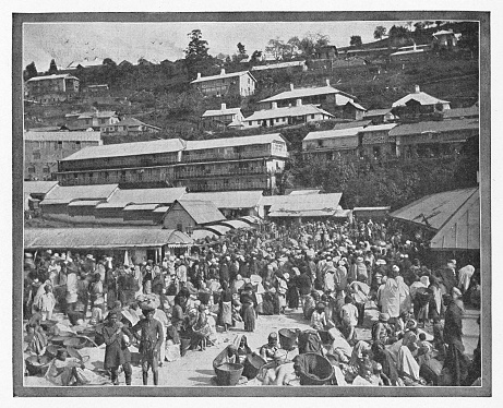 Marketplace in Darjeeling, India during the british era. Vintage halftone circa late 19th century.