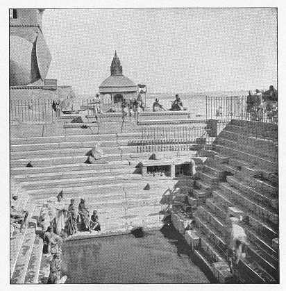 Well of Purification in Benares, India during the british era. Vintage halftone illustration circa late 19th century. Benares is now modern day Varanasi.
