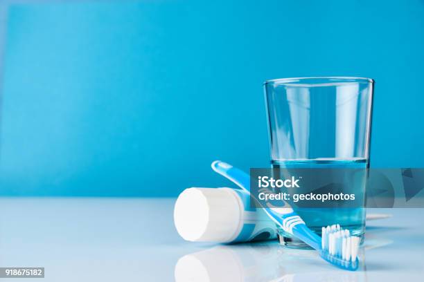 Dental Oral Hygiene Concept Stock Photo - Download Image Now - Mouthwash, Toothbrush, Toothpaste