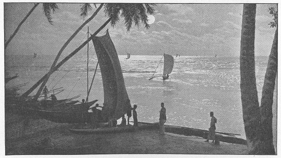Sailboats on the coast of British Ceylon during the british era. Vintage halftone circa late 19th century. British Ceylon is now modern day Sri Lanka.