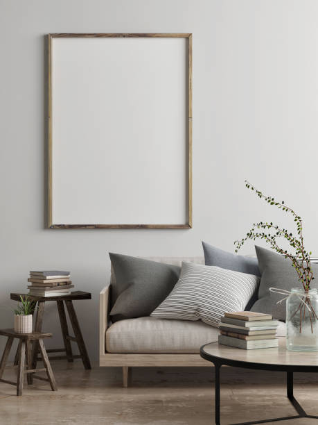 mock up poster, scandinavian living room concept design - parede ilustrações imagens e fotografias de stock