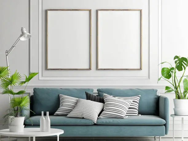 Photo of Mock up posters, pastel comfortable sofa, Living room style