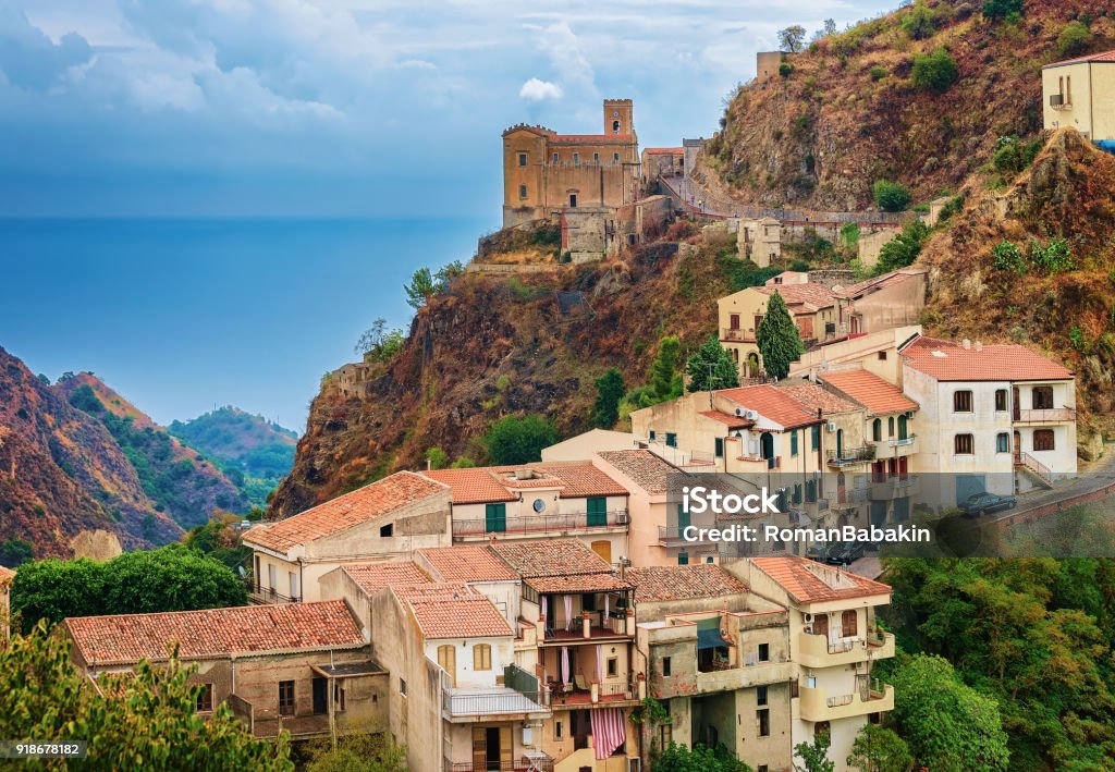 Beautiful landscape with Savoca village at mountain Beautiful landscape with Savoca village at the mountain, Sicily, Italy Sicily Stock Photo