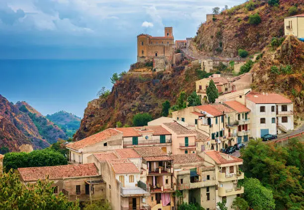 Beautiful landscape with Savoca village at the mountain, Sicily, Italy