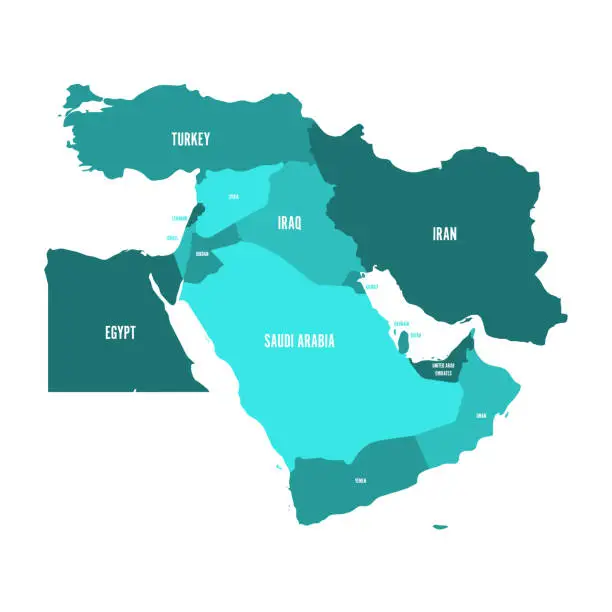 Vector illustration of Map of Middle East, or Near East, in shades of turquoise blue. Simple flat vector ilustration