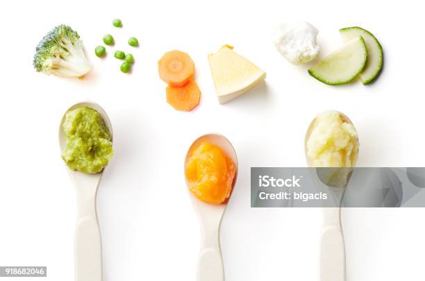 Three Baby Spoons Of Baby Puree Isolated On White From Above Stock Photo - Download Image Now