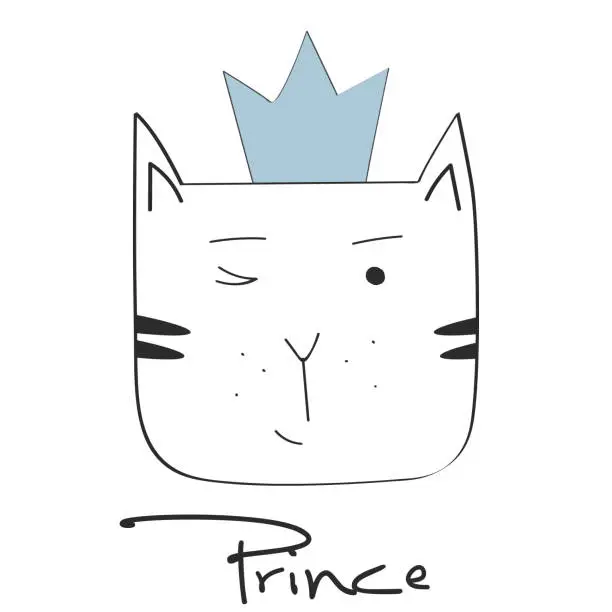 Vector illustration of Cat with crown for apperel vector print. Cats rule the World.