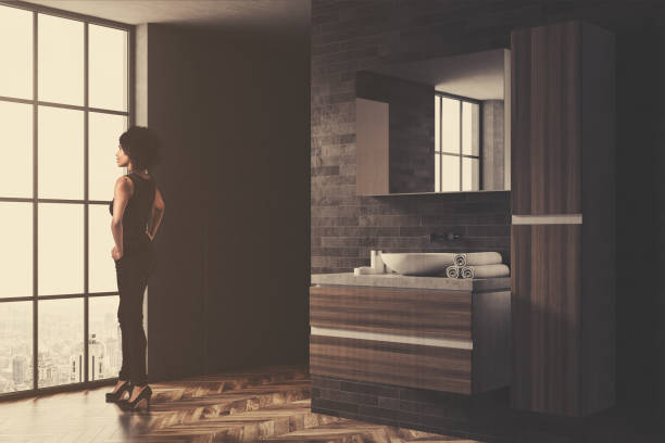 istock Black and wooden bathroom corner toned 918691786
