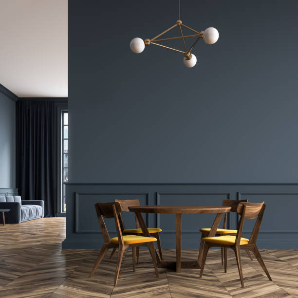 istock Black dining room, wooden chairs 918692058