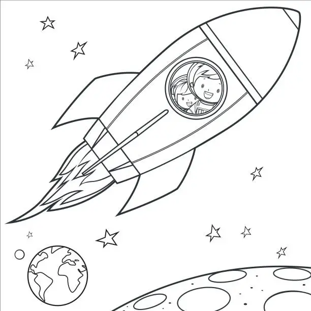 Vector illustration of Coloring Book, Kids going into space