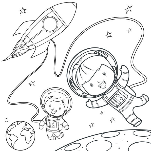 Coloring Book, Rocket during a space travel. Vector Coloring Book, Rocket during a space travel. astronaut clipart stock illustrations