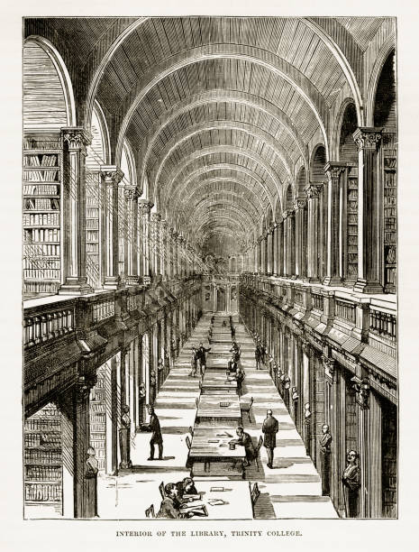 Trinity College Library in Dublin, Ireland Victorian Engraving, Circa 1840 Very Rare, Beautifully Illustrated Antique Engraving of TTrinity College Library in Dublin, Ireland Victorian Engraving, Circa 1840 from Our Own Country, Great Britain, Descriptive, Historical, Pictorial. Published in 1880. Copyright has expired on this artwork. Digitally restored. trinity college library stock illustrations