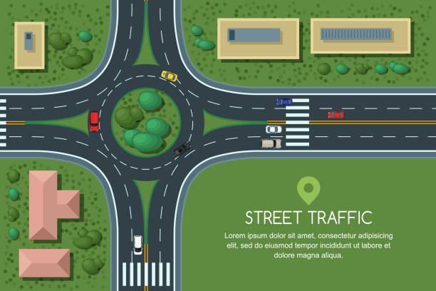 ilustrações de stock, clip art, desenhos animados e ícones de vector flat illustration of roundabout road junction and city transport. city road, cars, crosswalk top view. - traffic roundabout