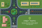 Vector flat illustration of roundabout road junction and city transport. City road, cars, crosswalk top view.