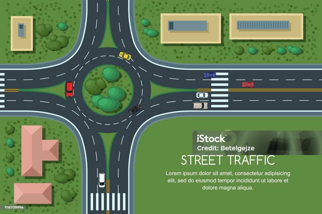 Vector flat illustration of roundabout road junction and city transport. City road, cars, crosswalk top view. Roundabout road junction and city transport, vector flat illustration. City road, cars, crosswalk, trees and house top view. Street traffic, automobiles and transport design elements. Traffic Circle stock vector