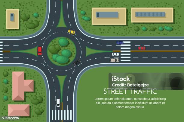 Vector Flat Illustration Of Roundabout Road Junction And City Transport City Road Cars Crosswalk Top View Stock Illustration - Download Image Now