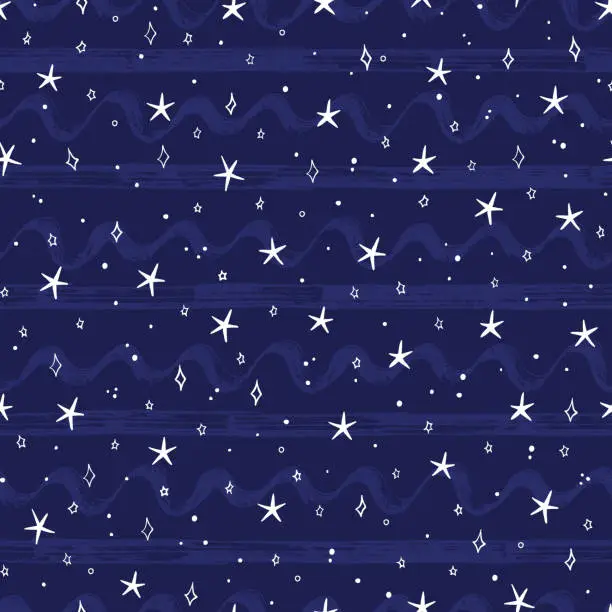 Vector illustration of Wavy lines and Straight lines with Hand Drawn doodle Stars Seamless Pattern. Vector Holiday and Birthday Design Elements. Starry sky background. Festive dark blue Background