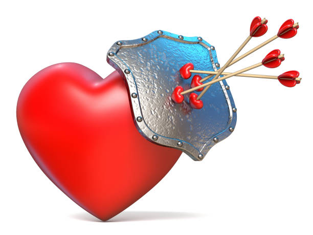 frecce su scudo e cuore rosso 3d - arrow heart shape isolated on white valentines day foto e immagini stock