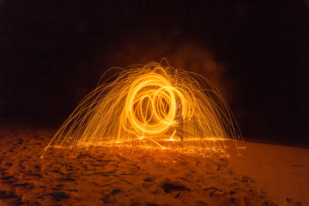 istock Close-Up Of Illuminated Wire Wools At Beach Against Sky At Night 918723734