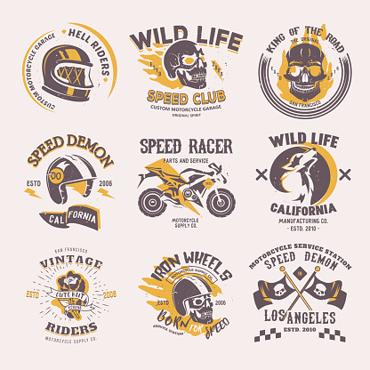 Biker icon vector rider on motorcycle or bike and speed motorcyclist racer on icontype motor emblem illustration racing set isolated on white background