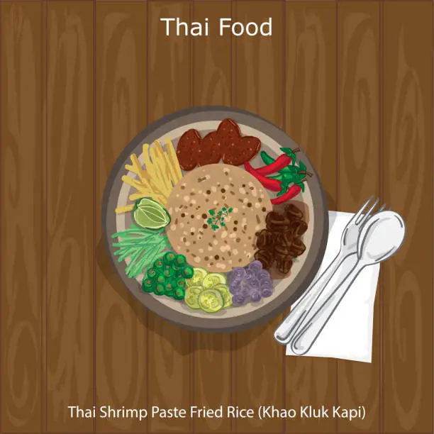 Vector illustration of thai food Thai Shrimp Paste Fried Rice (Khao Kluk Kapi)
