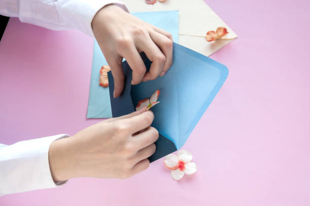 istock Female hands put the flower in a blue envelope on a pink background 918736746