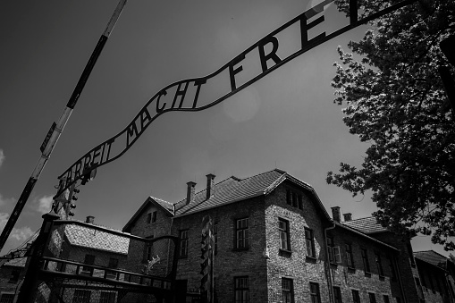 Auschwitz, Poland - May 25, 2016 :Gates to Auschwitz concentration camp during World War II, Poland