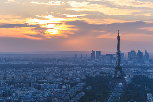 cityscape of paris in the dusk with eiffel tower